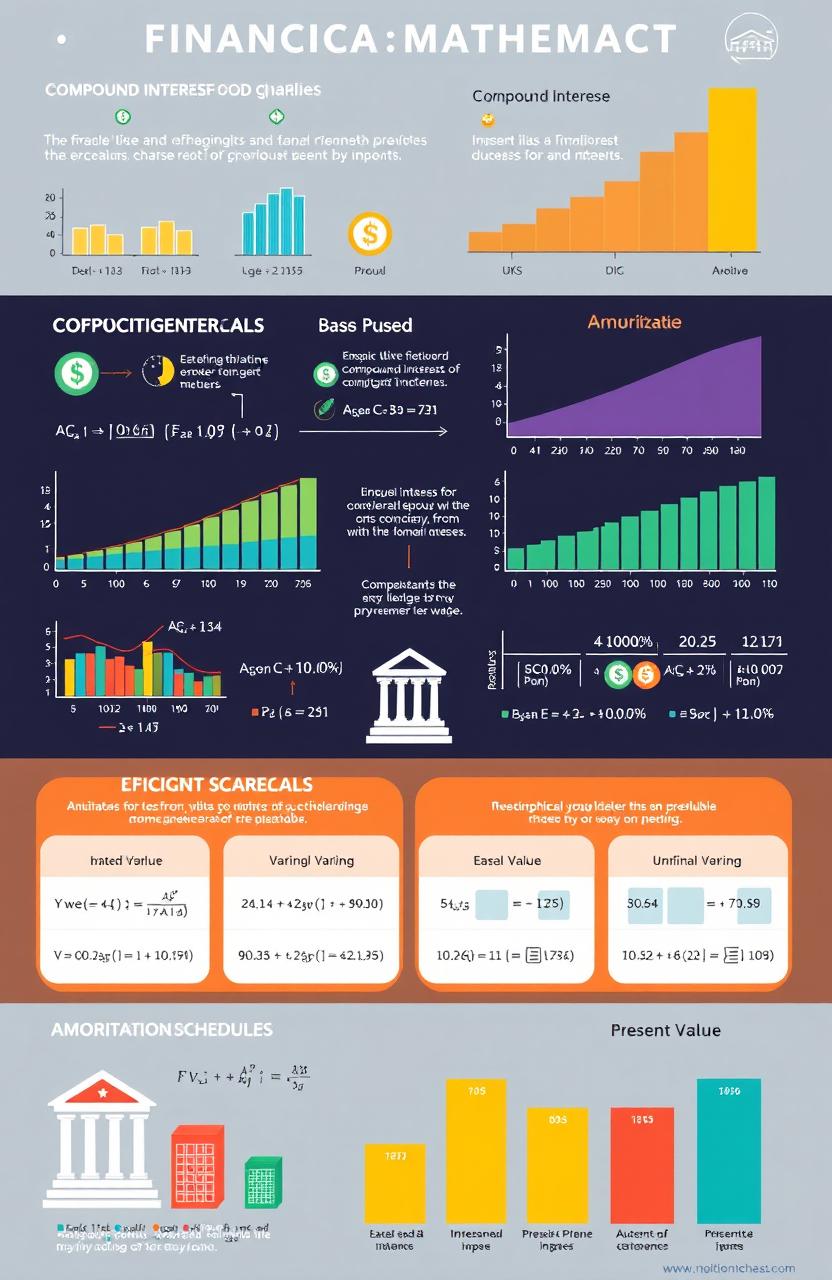 A detailed and visually engaging infographic illustrating various financial mathematics concepts, including compound interest, annuities, amortization schedules, and present value calculations