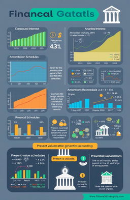 A detailed and visually engaging infographic illustrating various financial mathematics concepts, including compound interest, annuities, amortization schedules, and present value calculations