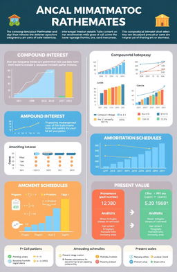 A detailed and visually engaging infographic illustrating various financial mathematics concepts, including compound interest, annuities, amortization schedules, and present value calculations
