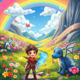 A whimsical adventure scene set in a vibrant rainbow valley, filled with colorful flowers, magical creatures like fairies and unicorns, a clear blue sky with fluffy clouds, and a sparkling stream running through the valley