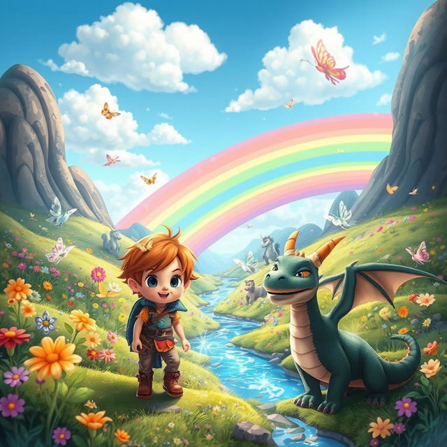 A whimsical adventure scene set in a vibrant rainbow valley, filled with colorful flowers, magical creatures like fairies and unicorns, a clear blue sky with fluffy clouds, and a sparkling stream running through the valley