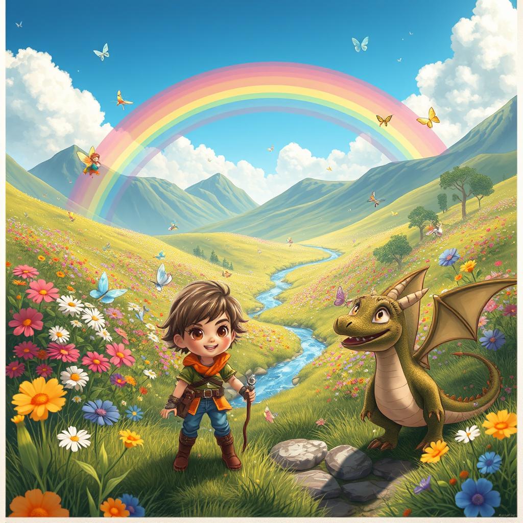 A whimsical adventure scene set in a vibrant rainbow valley, filled with colorful flowers, magical creatures like fairies and unicorns, a clear blue sky with fluffy clouds, and a sparkling stream running through the valley