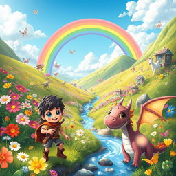 A whimsical adventure scene set in a vibrant rainbow valley, filled with colorful flowers, magical creatures like fairies and unicorns, a clear blue sky with fluffy clouds, and a sparkling stream running through the valley