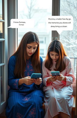 A heartwarming scene of two beautiful girls sitting by their respective windows, looking thoughtful as they type on their phones