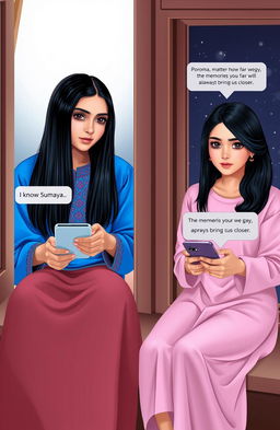 A heartwarming scene of two beautiful girls sitting by their respective windows, looking thoughtful as they type on their phones