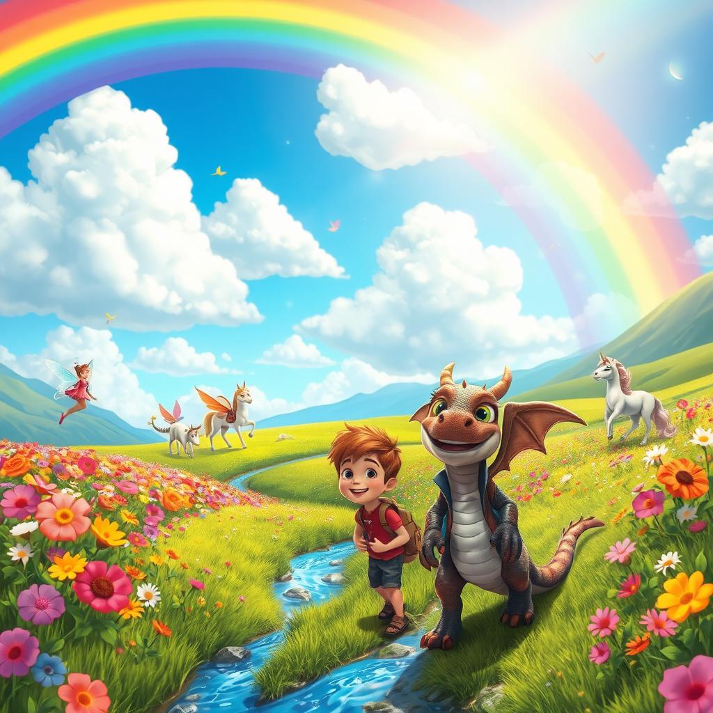 A whimsical adventure scene set in a vibrant rainbow valley, filled with colorful flowers in vivid hues, magical creatures such as fairies fluttering through the air, and majestic unicorns grazing on lush green grass