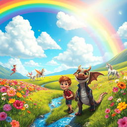 A whimsical adventure scene set in a vibrant rainbow valley, filled with colorful flowers in vivid hues, magical creatures such as fairies fluttering through the air, and majestic unicorns grazing on lush green grass