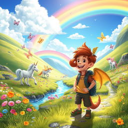 A whimsical adventure scene set in a vibrant rainbow valley, filled with colorful flowers in vivid hues, magical creatures such as fairies fluttering through the air, and majestic unicorns grazing on lush green grass