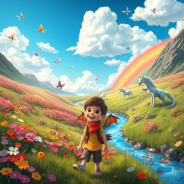 A whimsical adventure scene set in a vibrant rainbow valley, filled with colorful flowers in vivid hues, magical creatures such as fairies fluttering through the air, and majestic unicorns grazing on lush green grass