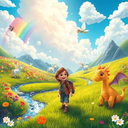 A whimsical adventure scene set in a vibrant rainbow valley, filled with colorful flowers in vivid hues, magical creatures such as fairies fluttering through the air, and majestic unicorns grazing on lush green grass
