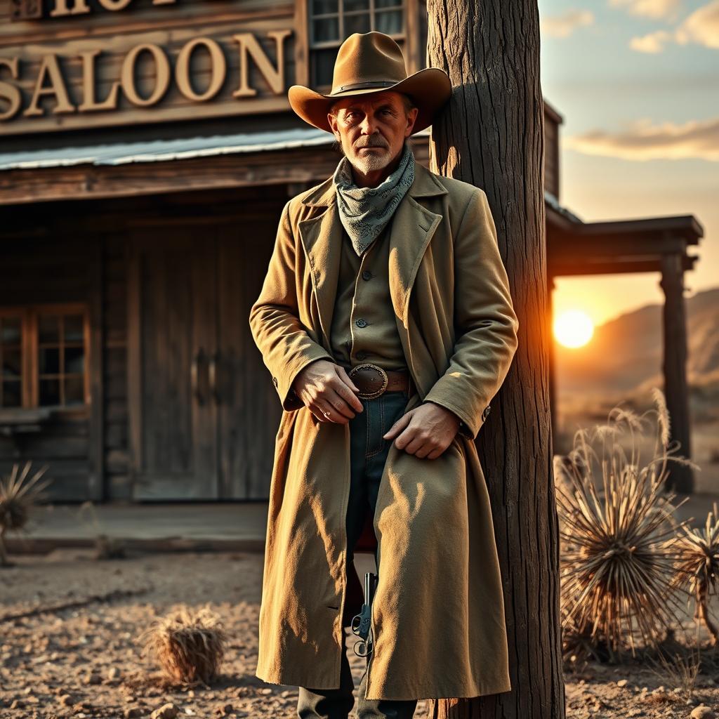 A rugged outsider character in a classic Old West setting, wearing a dusty long coat, a wide-brimmed hat, and a bandana around the neck, standing against a wooden saloon with swinging doors