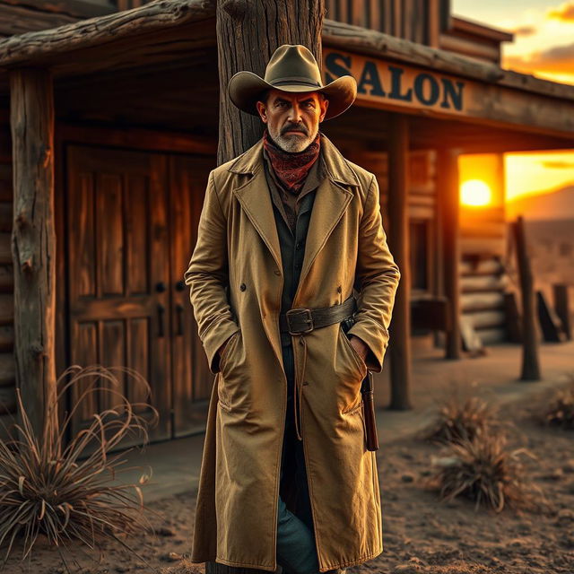 A rugged outsider character in a classic Old West setting, wearing a dusty long coat, a wide-brimmed hat, and a bandana around the neck, standing against a wooden saloon with swinging doors