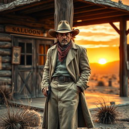 A rugged outsider character in a classic Old West setting, wearing a dusty long coat, a wide-brimmed hat, and a bandana around the neck, standing against a wooden saloon with swinging doors