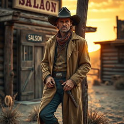A rugged outsider character in a classic Old West setting, wearing a dusty long coat, a wide-brimmed hat, and a bandana around the neck, standing against a wooden saloon with swinging doors