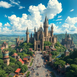 A majestic, sprawling kingdom viewed from a downward angle, showcasing an intricate landscape of tall, ancient castles with soaring towers, surrounded by lush green forests and flowing rivers