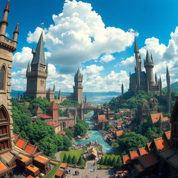 A majestic, sprawling kingdom viewed from a downward angle, showcasing an intricate landscape of tall, ancient castles with soaring towers, surrounded by lush green forests and flowing rivers