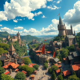A majestic, sprawling kingdom viewed from a downward angle, showcasing an intricate landscape of tall, ancient castles with soaring towers, surrounded by lush green forests and flowing rivers