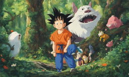 Goku from Dragon Ball depicted in Studio Ghibli's Spirited Away style, standing in a lush forest surrounded by whimsical creatures