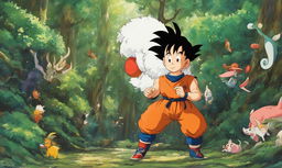 Goku from Dragon Ball depicted in Studio Ghibli's Spirited Away style, standing in a lush forest surrounded by whimsical creatures