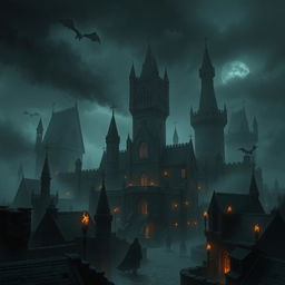 A dark and mysterious kingdom filled with towering, jagged castles and foreboding landscapes