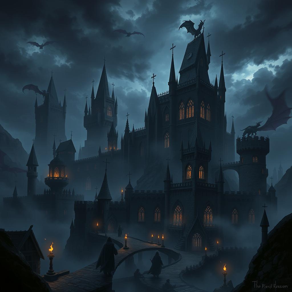 A dark and mysterious kingdom filled with towering, jagged castles and foreboding landscapes