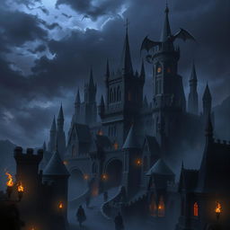A dark and mysterious kingdom filled with towering, jagged castles and foreboding landscapes