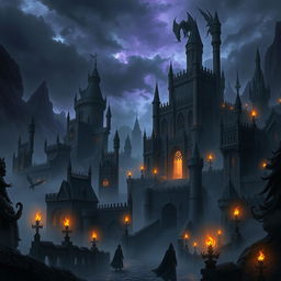 A dark and mysterious kingdom filled with towering, jagged castles and foreboding landscapes