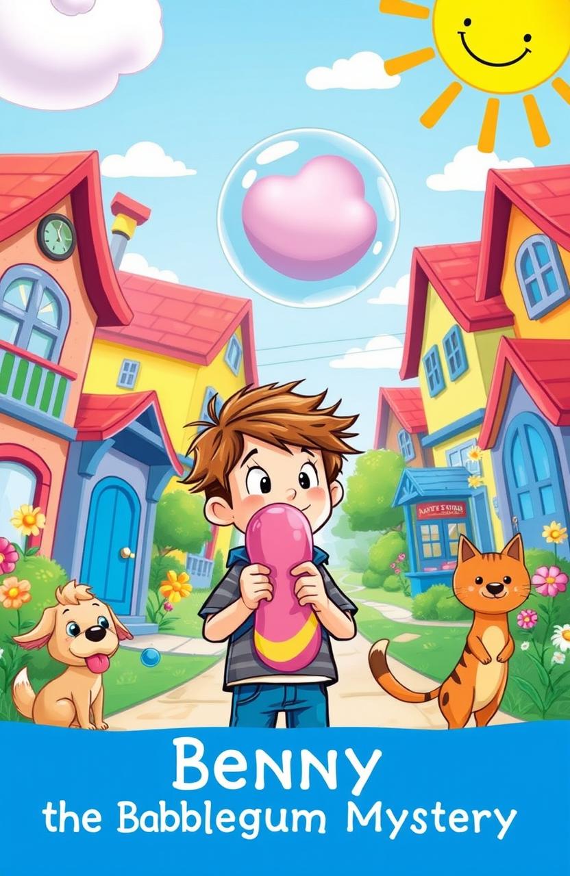 A whimsical illustration for a children's book titled "Benny and the Bubblegum Mystery