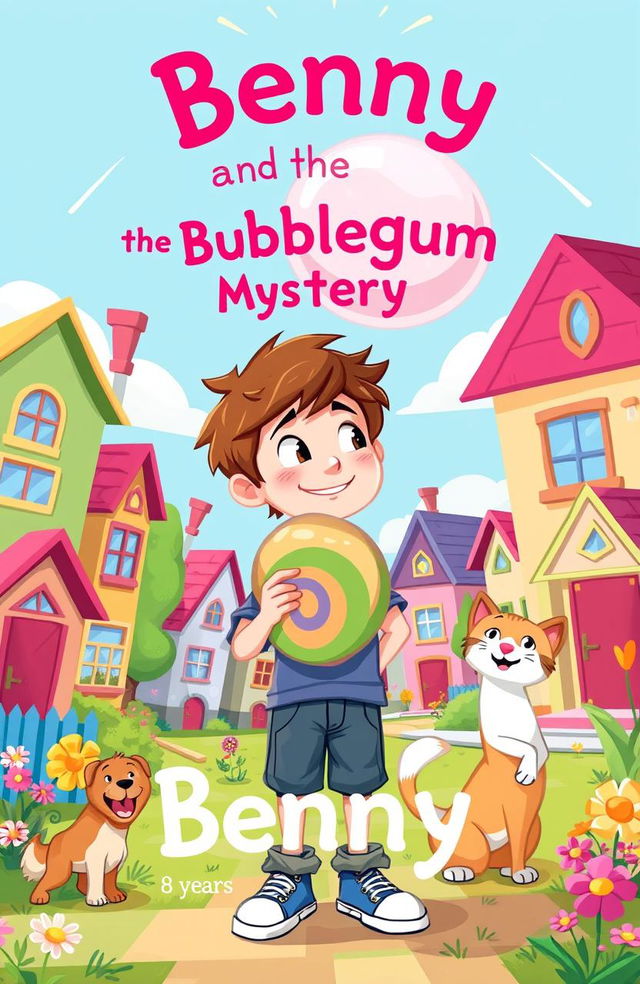 A whimsical illustration for a children's book titled "Benny and the Bubblegum Mystery