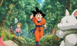 Goku from Dragon Ball depicted in Studio Ghibli's Spirited Away style, standing in a lush forest surrounded by whimsical creatures