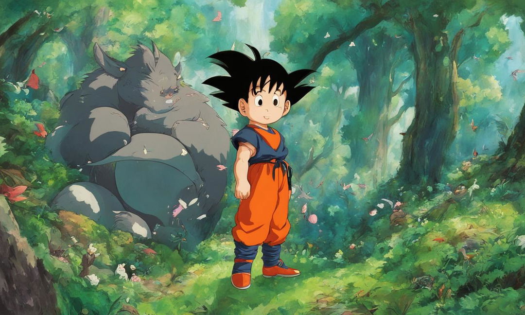 Goku from Dragon Ball depicted in Studio Ghibli's Spirited Away style, standing in a lush forest surrounded by whimsical creatures