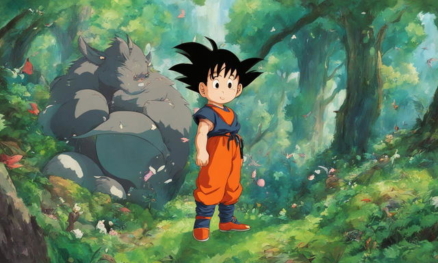 Goku from Dragon Ball depicted in Studio Ghibli's Spirited Away style, standing in a lush forest surrounded by whimsical creatures