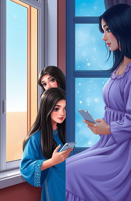 A heartwarming scene featuring two beautiful young women, each sitting by their respective windows