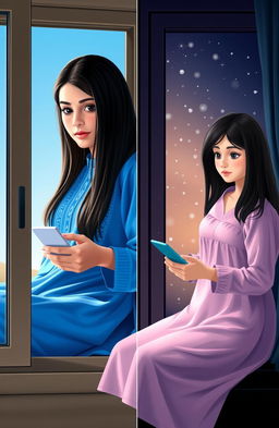 A heartwarming scene featuring two beautiful young women, each sitting by their respective windows