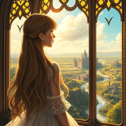 A girl gazing out of a grand leaded glass window, her expression one of wonder and curiosity, as she observes a sprawling medieval kingdom bathed in golden sunlight