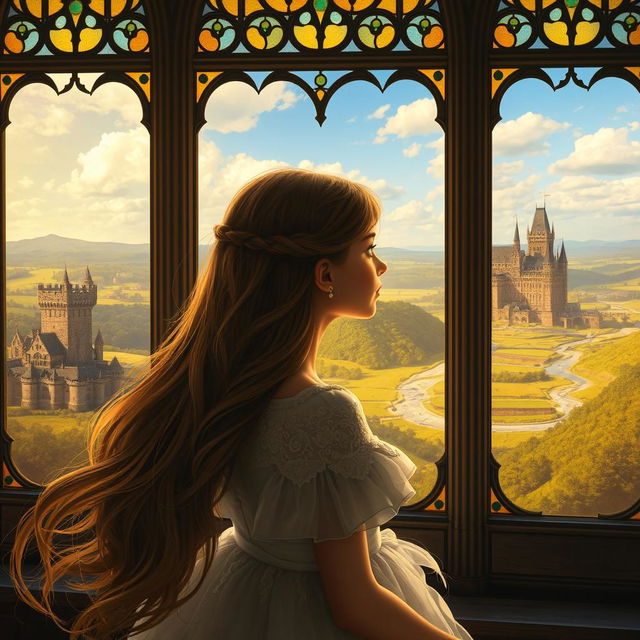 A girl gazing out of a grand leaded glass window, her expression one of wonder and curiosity, as she observes a sprawling medieval kingdom bathed in golden sunlight