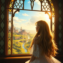 A girl gazing out of a grand leaded glass window, her expression one of wonder and curiosity, as she observes a sprawling medieval kingdom bathed in golden sunlight