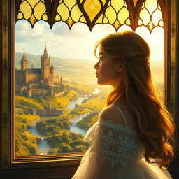 A girl gazing out of a grand leaded glass window, her expression one of wonder and curiosity, as she observes a sprawling medieval kingdom bathed in golden sunlight