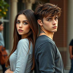 A realistic depiction of a romantic duo of adolescent college students standing back to back