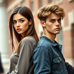 A realistic depiction of a romantic duo of adolescent college students standing back to back