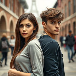 A realistic depiction of a romantic duo of adolescent college students standing back to back