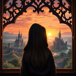A hooded girl gazing out of a large, ornate window at a breathtaking kingdom, filled with majestic castles, rolling hills, and a vibrant sunset illuminating the scene