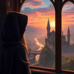 A hooded girl gazing out of a large, ornate window at a breathtaking kingdom, filled with majestic castles, rolling hills, and a vibrant sunset illuminating the scene