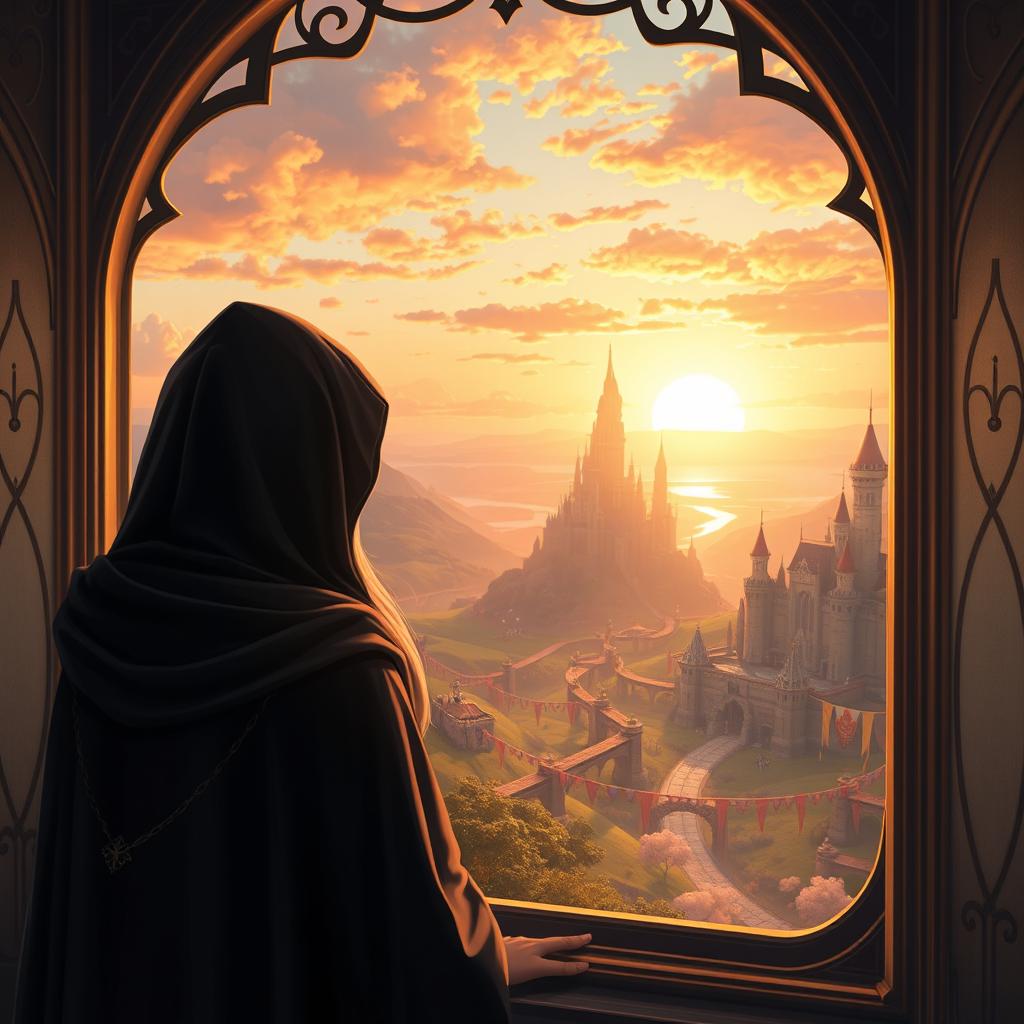 A hooded girl gazing out of a large, ornate window at a breathtaking kingdom, filled with majestic castles, rolling hills, and a vibrant sunset illuminating the scene