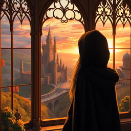 A hooded girl gazing out of a large, ornate window at a breathtaking kingdom, filled with majestic castles, rolling hills, and a vibrant sunset illuminating the scene