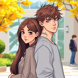A realistic illustration of a romantic duo of adolescent college students standing back to back