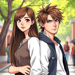 A realistic illustration of a romantic duo of adolescent college students standing back to back