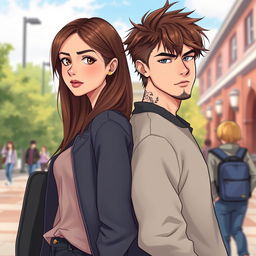 A realistic illustration of a romantic duo of adolescent college students standing back to back
