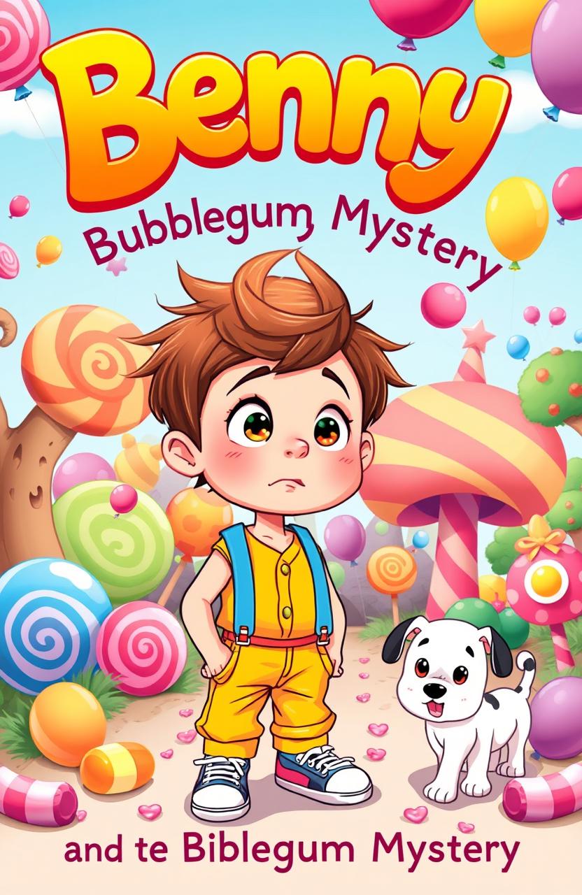 A whimsical and colorful illustration for a children's book titled 'Benny and the Bubblegum Mystery'