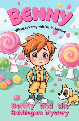 A whimsical and colorful illustration for a children's book titled 'Benny and the Bubblegum Mystery'